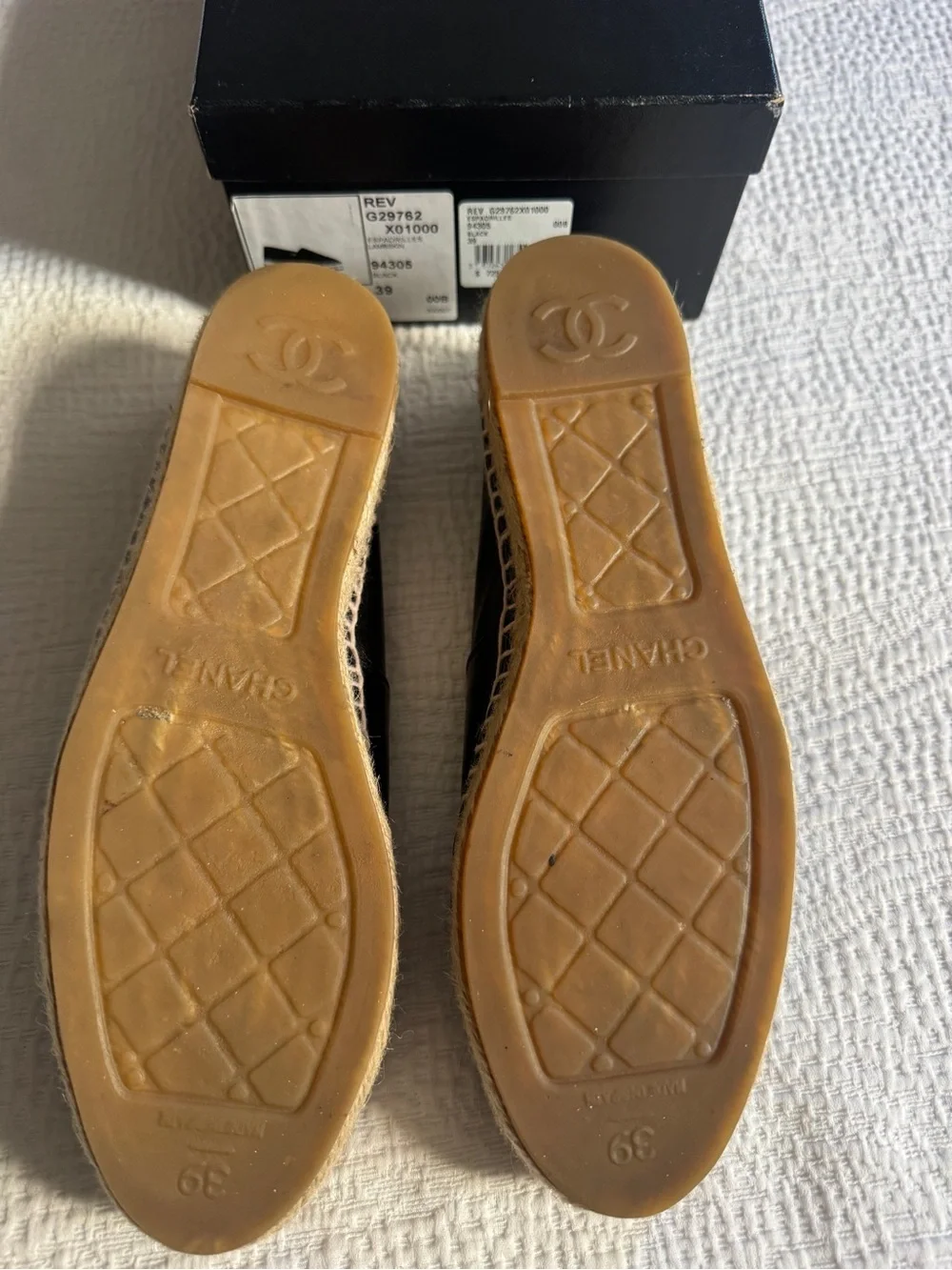 Chanel Rev Black Leather Espadrille Slip-On Shoes 39
